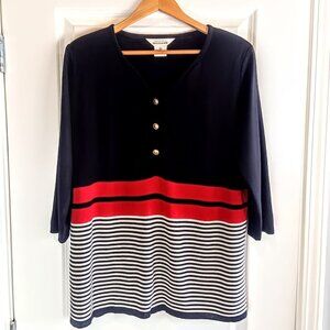 Vintage Misook Red White Black Stripe V-Neck Pullover Sweater